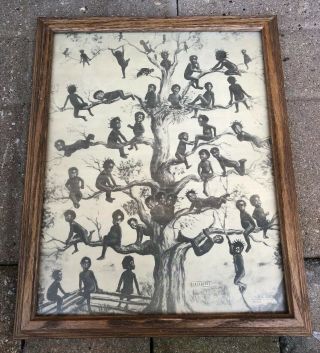 Antique 1909 Blackbirds - W.  F.  Bell Black Americana Art In Wood Frame 1