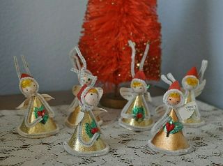 6 Vintage Small Paper Angel Christmas Spun Cotton Face Pipe Cleaner Arms