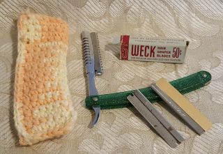 Vtg Weck Hair Shaper,  2 Blades W Box,  Green Foldable Razor Barber,  Crochet Bag