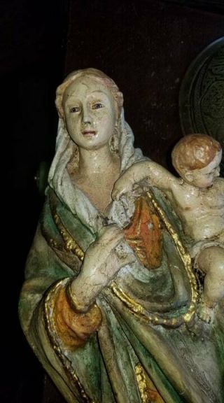 Antique Virgin Mary & Baby Jesus - 20 " Wood With Polychromed Gesso