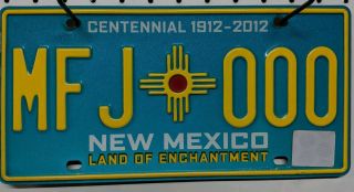 Mexico Turquoise Centennial License Plate Mfj - 000.  Triple Number 000