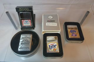 4 Zippo Alcohol Related Lighters - Miller Lite,  Jim Beam,  Budweiser W/cases