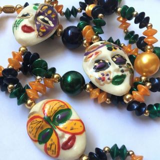 Vintage Mardi Gras Necklace Face Mask Beads Beaded Colorful Yellow Green