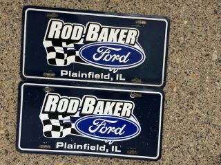 Rod Barker 80s Vintage Ford Plainfield Illinois Dealer License Plate Pair