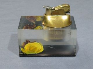 3” Vintage Mid Century Table Lighter Clear Lucite With Yellow Rose Flower Inside