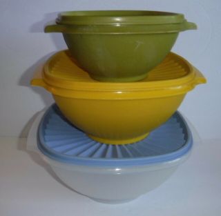 Vintage Set Of 3 Tupperware Servalier Bowls Clear & Harvest 3,  8,  12 Cup