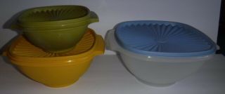 Vintage Set of 3 Tupperware Servalier Bowls Clear & Harvest 3,  8,  12 Cup 4