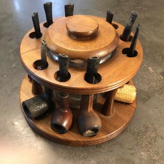 Vintage Decatur Smoking Pipe Stand With Glass Humidor And 9 Pipes