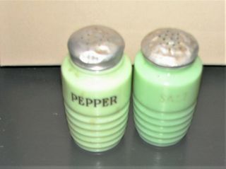 2.  Early 1900s Green Jadite Round Shakers,  Salt And Pepper