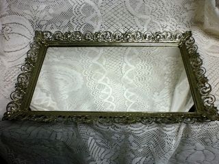 Vintage Hollywood Regency Mirror Vanity Dresser Tray Gold Filigree 15 " X 10 "