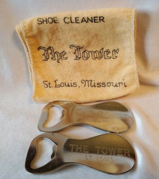 2 Vintage Beer Bottle Opener Shoe Horn Combo The Tower St Louis Missouri & Cloth