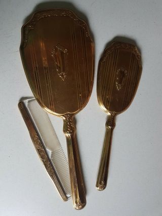 Comb And Mirror Vanity Set Gold Color Vintage
