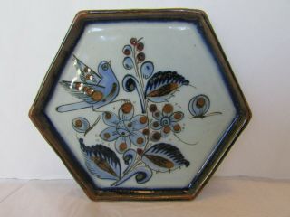 Vintage El Palomar Mexico Ken Edwards Hexagon Blue Bird Folk Art Pottery Dish