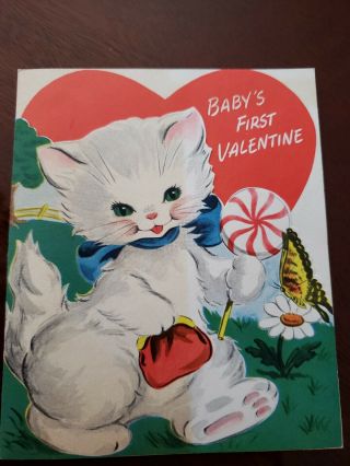 Vtg Valentine Greeting Card Diecut Anthropomorphic Kitten Lollipop Charm Craft
