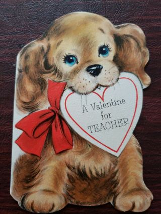 Vtg Hallmark Valentine Greeting Card Diecut Cute Puppy W/heart Red Bow Teacher