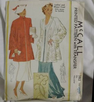 1940s Mccall 382 Ladies Coat Quilting Transfer Size 36 38 Large Sewing Pattern