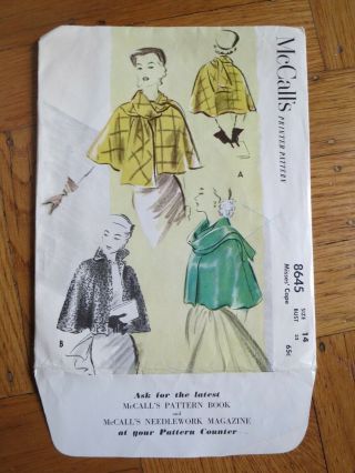 Mccalls 8645 Vintage Sewing Cape Pattern Size 14 Bust 32 50s 1950s