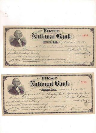 2 Bank Checks 1911 - 12 Erie,  Illinois First National Bank