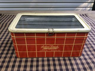 Vintage Tin Bread Box Picnic Basket Red & Cream 40 