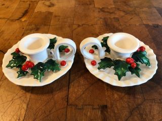 Holt Howard Christmas Candle Holders Set Of 2 - 1962 Holly Berries White Ceramic