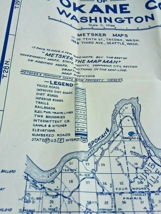 Metsker ' s Map - SPOKANE COUNTY WA vintage Metsker fold out map Washington state 4