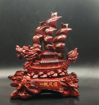 Red Beautifully Hand - Carved Wooden Statue Of Dragon Boat Smooth Sailing Q408
