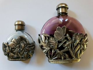 2x Vintage Art Nouveau Perfume Bottles In Silver Metal Holders - Dragonflies