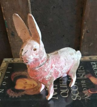 Antique 5 " Pink Germany Paper Mache Rabbit Bunny Candy Container Glass Eyes