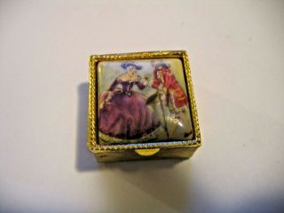 Vintage Gold Tone Ornate Pill Box With Victorian Garden Scene Made In Italy