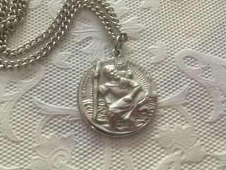 Large Vintage Catholic Sterling Silver Medal St Christopher Pendant Medal &chain