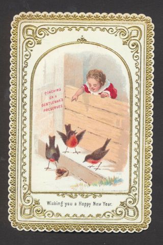 C4705 Victorian Goodall Year Card: Child Feeding Robins