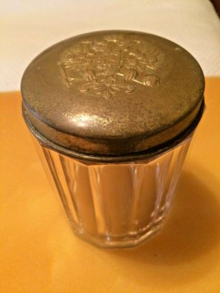 Antique Vintage Heavy Glass Paneled Tobacco Cigar Jar Humidor W/ Metal Crest Lid