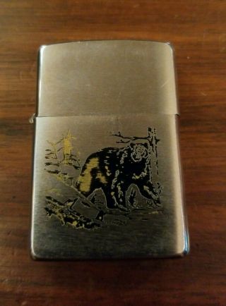 Vintage Zippo Lighter Silver With Bear In The Woods Design