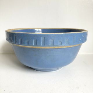 Blue Bowl 11” Pottery Stone Ware Vtg Yelloware Mixing Hairline Crack Patterned 4