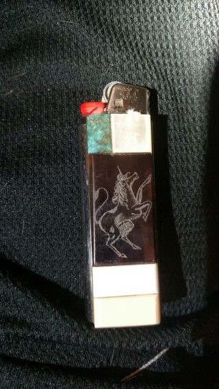 Vtg Turquoise Unicorn Abalone Western Cover Case Bic Cigarette Lighter Holder