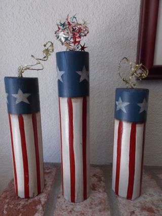 Set Of 3 Folk Art Wood Painted 4th Of July Firecrackers Decoration 8 " To 10 1/2 "