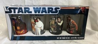 Star Wars Set Of Four 16 Oz.  Drinking Glasses.  Han,  Vader,  Luke,  And Leia,