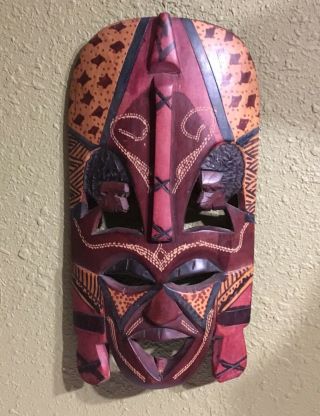 Vintage Hand Carved Hand Painted Wooden African Mask Wall Hanging Detailed