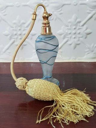 Vintage Blue Frosted Swirl Ribbon Art Glass Atomiser Perfume Bottle