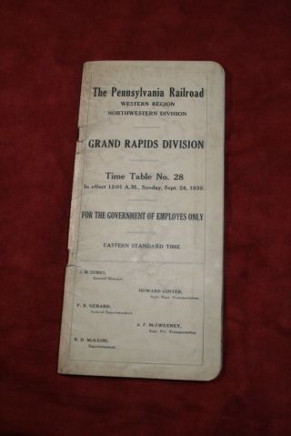 Pennsylvania Railroad,  Grand Rapids Division Employee Time Table,  1939