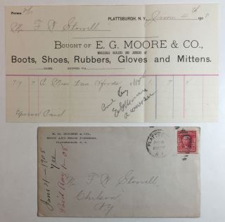 Antique Billhead And Cover E G Moore And Co Boots Shoes Plattsburgh Ny 1908