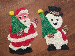 2 Vintage Christmas Melted Plastic Popcorn Decoration Santa And Snowman