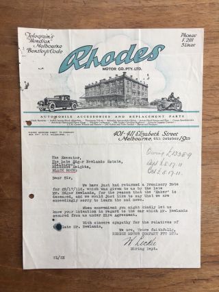 1929 Vintage Rhodes Motor Co Automobile Accessories Melbourne Letter Receipt P19