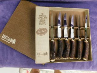 Butler Cutlery Stag Horn Steak Knives,  Made In Sheffield Eng,  Orig.  Box,
