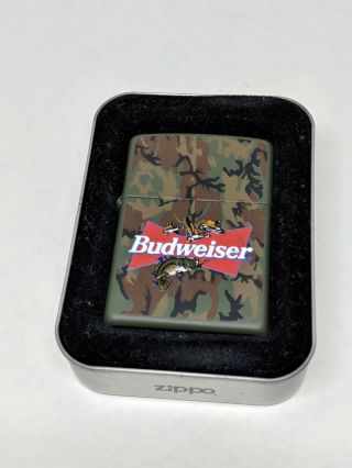 Zippo Lighter Budweiser Beer Camo Outdoors Fishing Hunting With Display Tin
