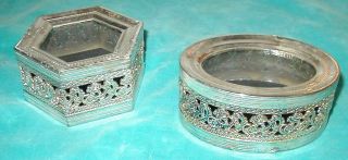 2 Vtg Filigree Jewelry Casket Silver W/glass Top Trinket Box