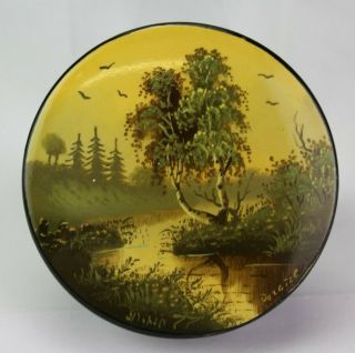 Russian Red Black Lacquered Handpainted Forest Landscape Trinket Jewelry Box Jef