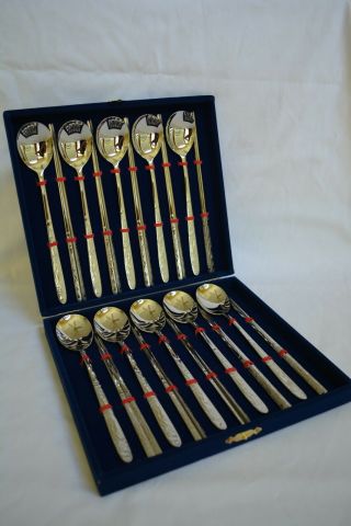 Korean Rice Spoon & Chop Stick Crane Set Of 10 In Gift Box