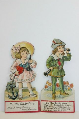 Vintage Valentine Cards Boy Robin Hood,  Girl In Big Hat,  Candlestick Phone