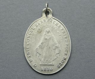 Saint Virgin Mary.  Antique Religious Sterling Pendant.  Miraculous Medal.  France.